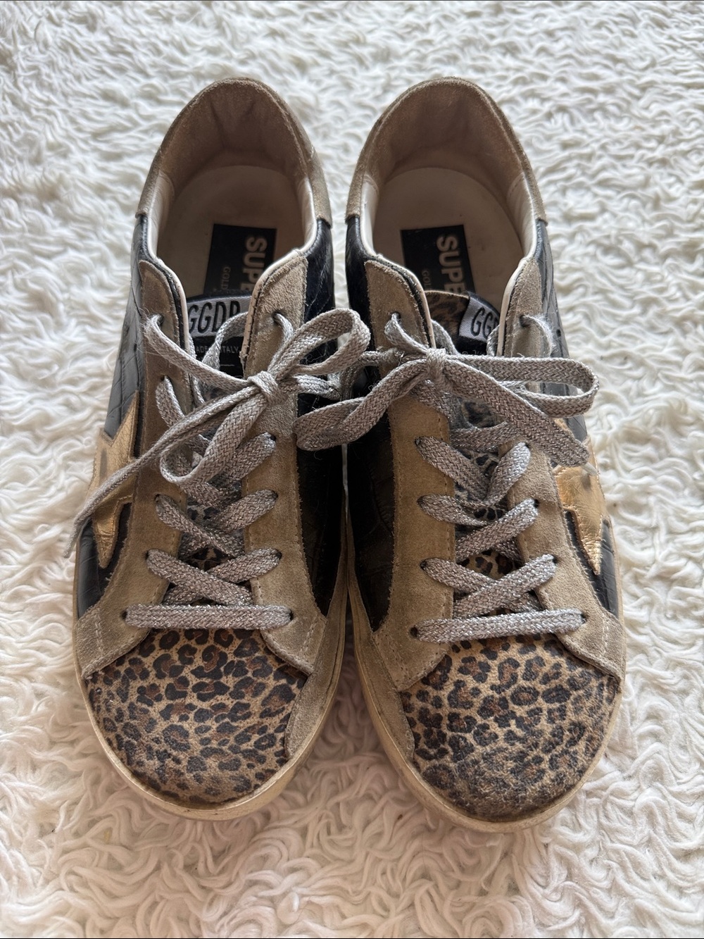 Golden Goose Black, Gold & Silver Super Star Sneakers with Leopard Toe